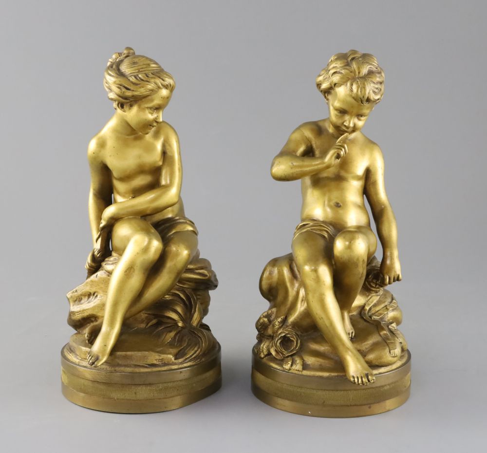 After Etienne-Maurice Falconet. A pair of late 19th century French ormolu figures of Cupid and Psyche, signed, 24cm